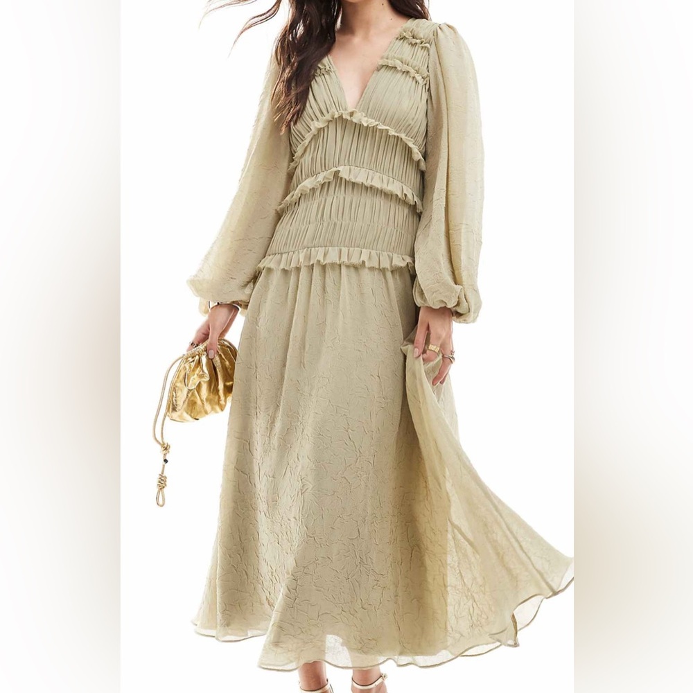 ASOS Olive Green Plunge Neck Midi Dress with Ruffles